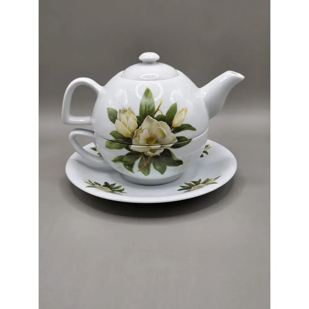 Vintage Porcelain Tea For One Stacking Teapot Cup Saucer Set Magnolia Floral